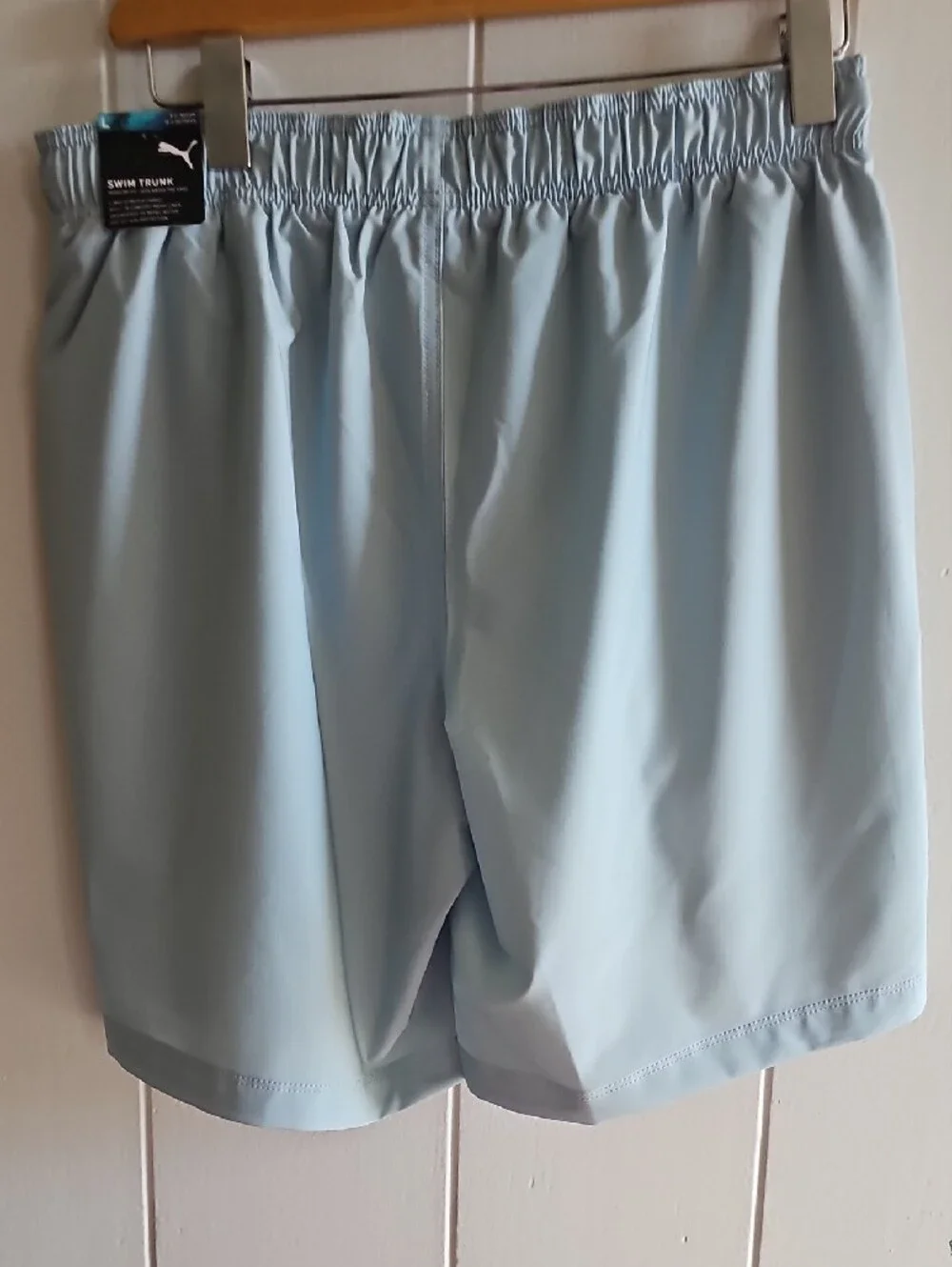 Puma Men’s Light Blue and Navy Swim Shorts with White Graphic Large